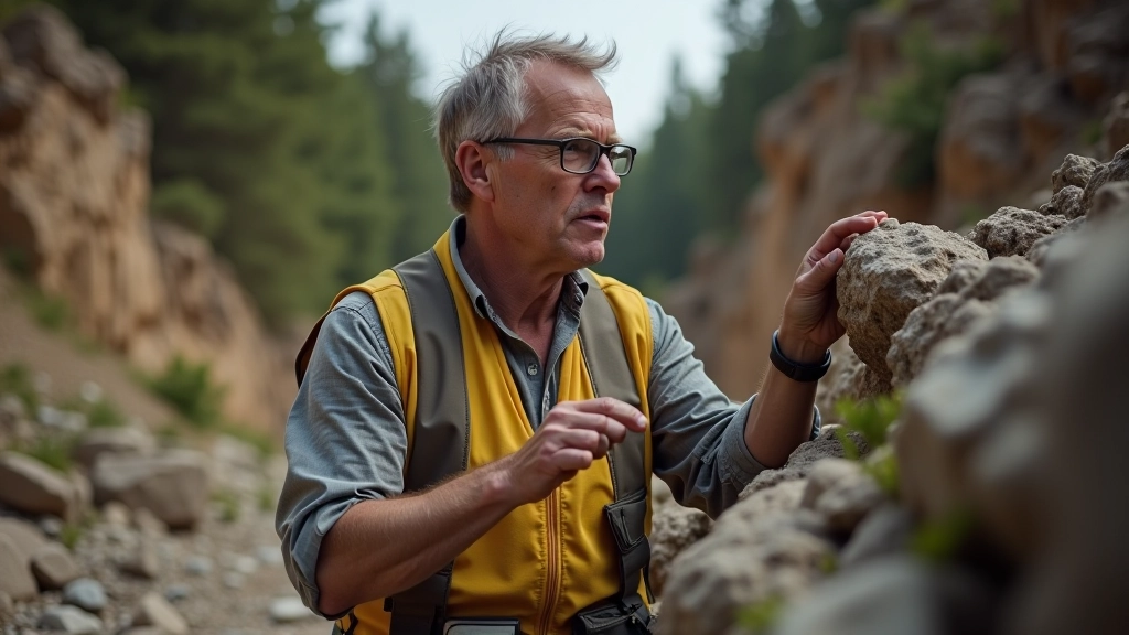 Žmonės skaitydami geologines uolų savybes, šalia uolinio atodangio su aiškiai matomais sluoksniais